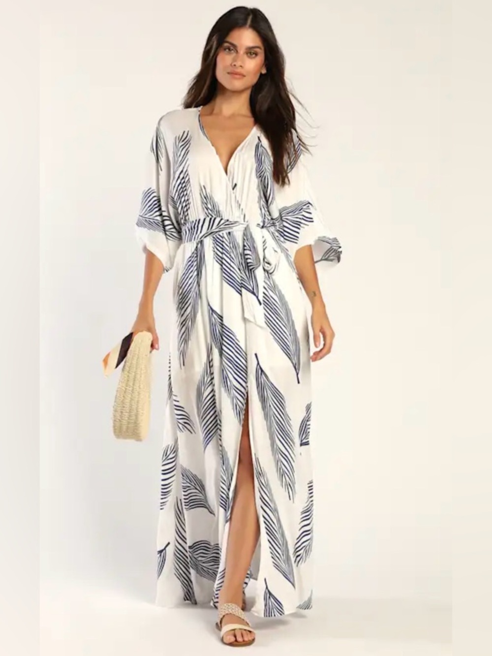 Lulu's White Maxi Dress with Navy Leaf Print
